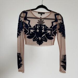 For Love And Lemons Sheer Navy Embroidered Crop Top